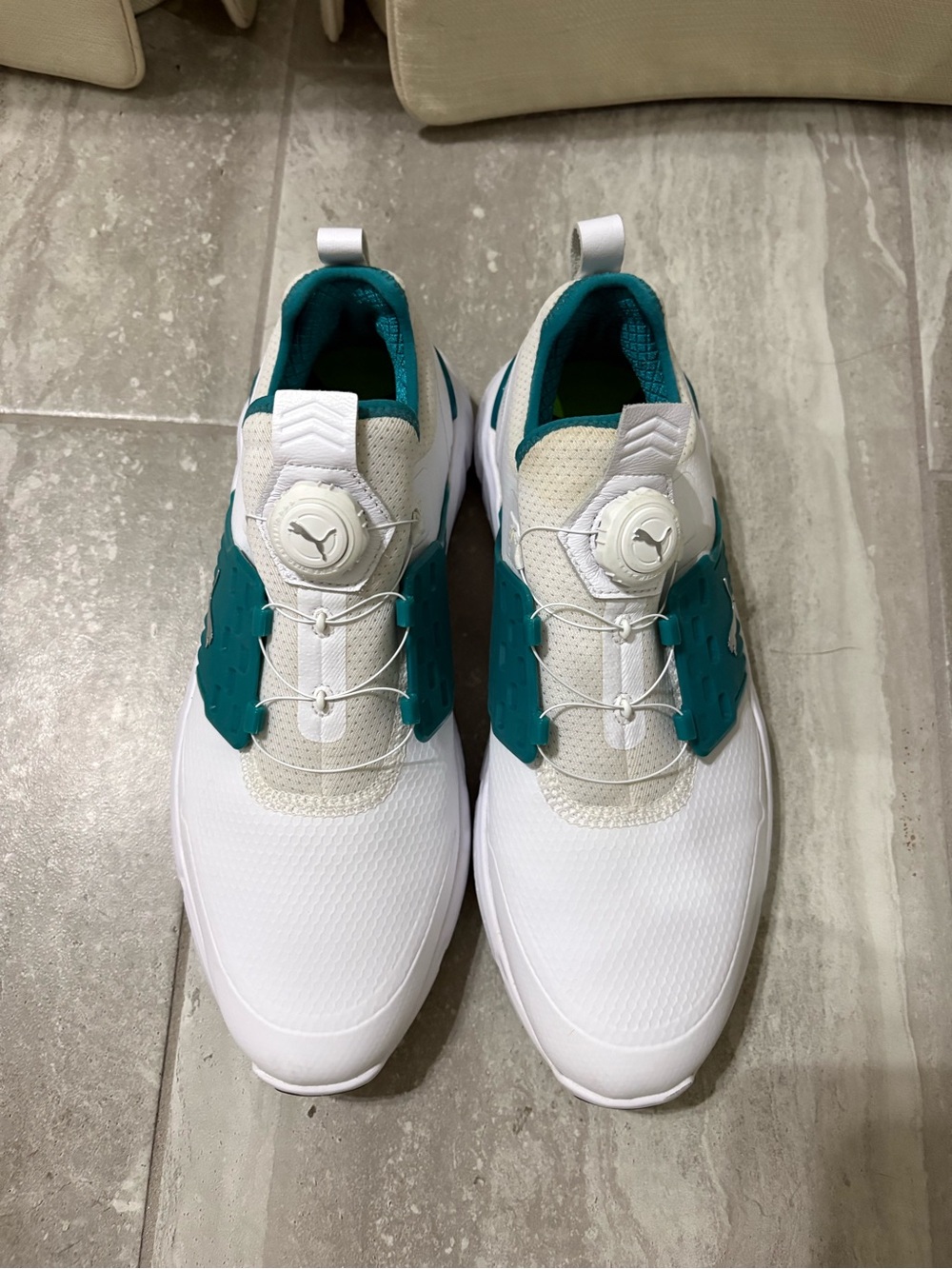 Puma White and Teal Men’s Slip-On Sneakers